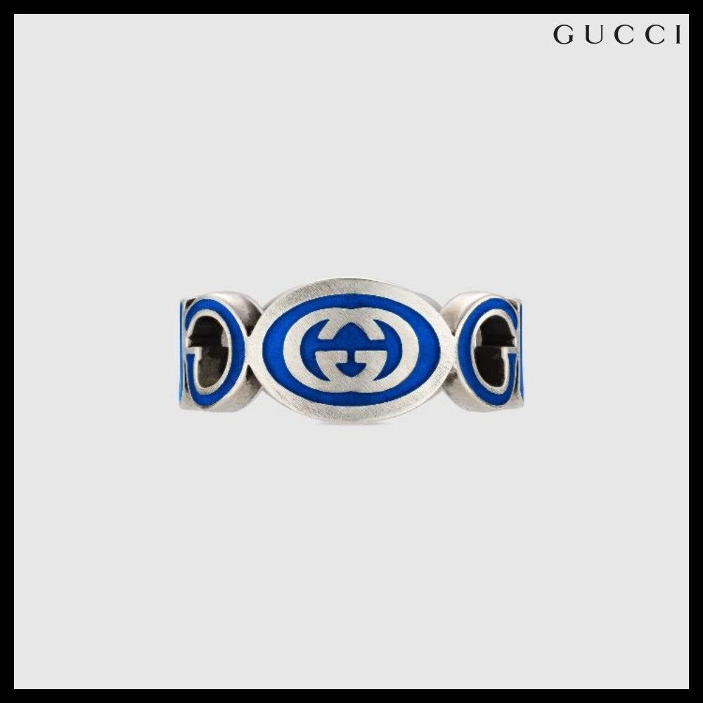 【GUCCI】Interlocking Enamel Silver Ring Blue