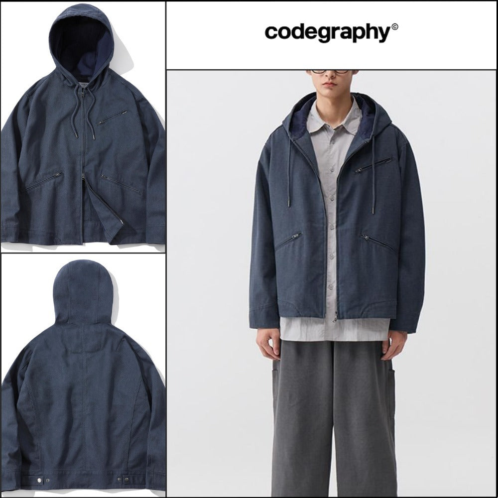 【codegraphy】Vintage Washed Cotton Hood Work Jacket Blue