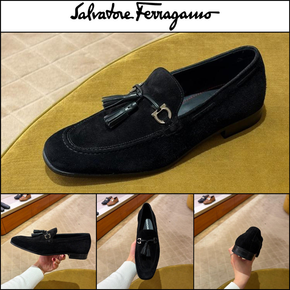 【FERRAGAMO】BASILEA 2 GANCINI TASSEL SUEDE LOAFERS BLACK