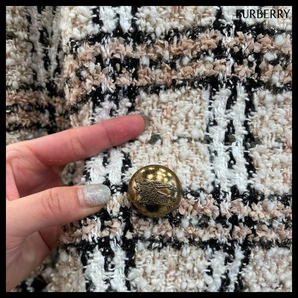 【Burberry】Check Boucle Belted Long Coat String Fossil