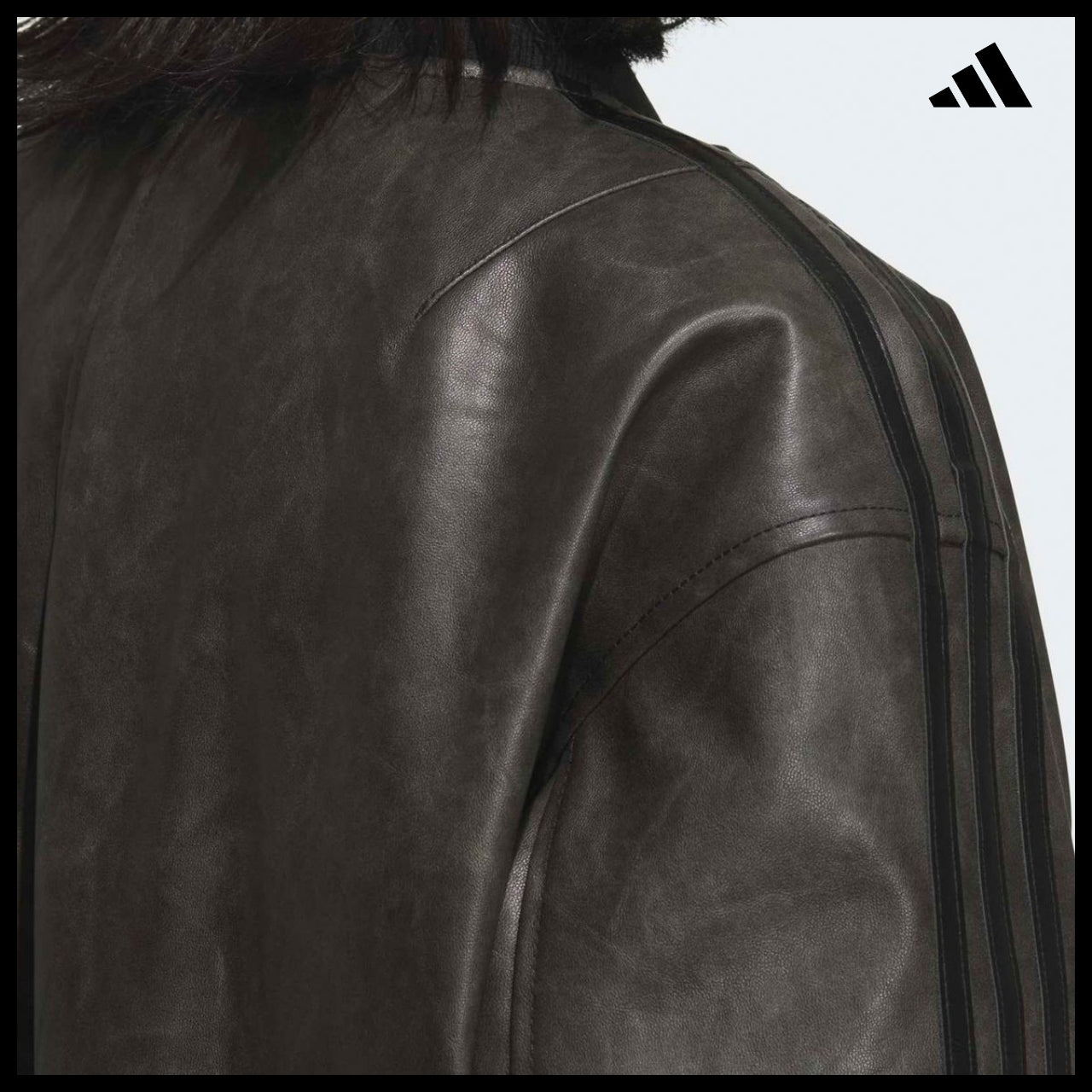 【ADIDAS】Crop Black Leather Jacket Moto Style Jacket