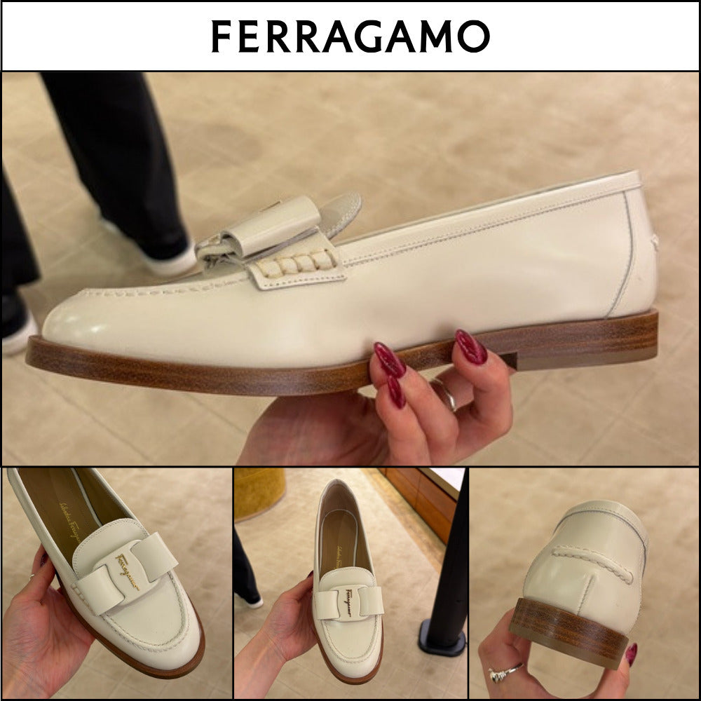 【FERRAGAMO】VIVALDO NEW VARA BOW LEATHER LOAFERS IVORY