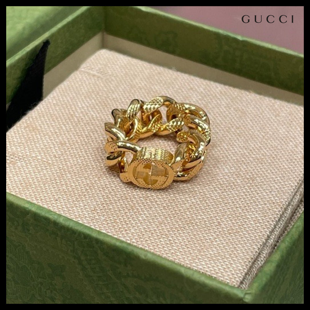 【GUCCI】Interlocking G Grommet Chain Ring Gold