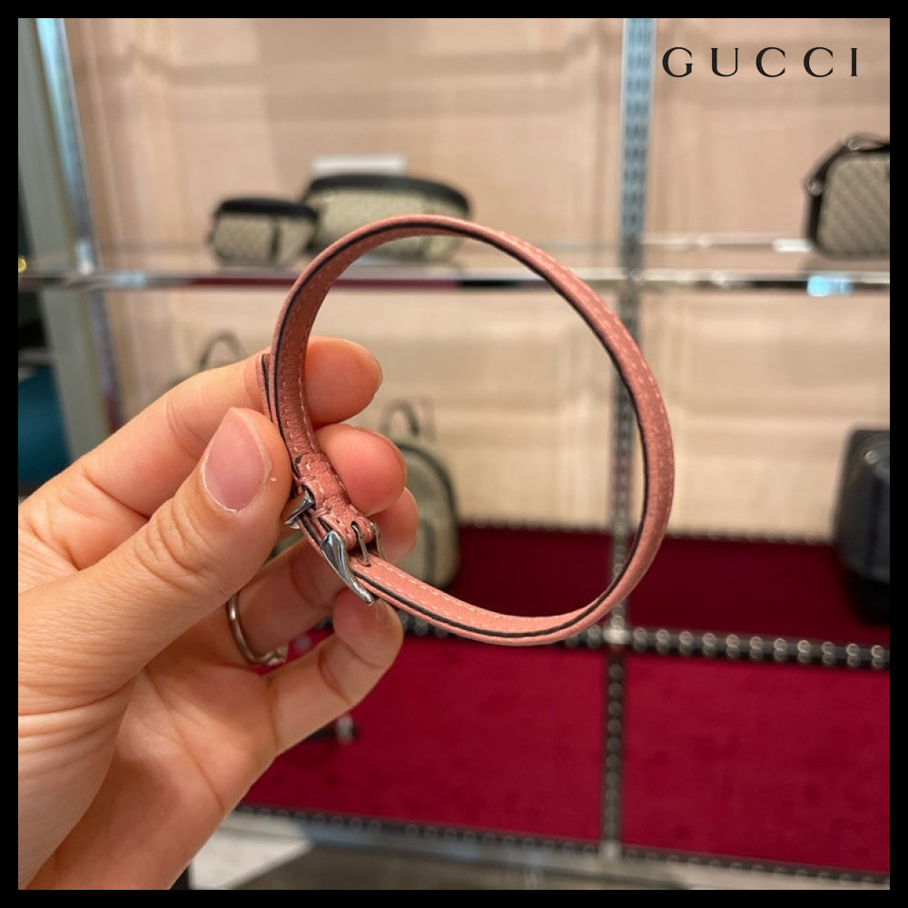 【GUCCI】 Double G Leather Buckle Bracelet PINK SILVER