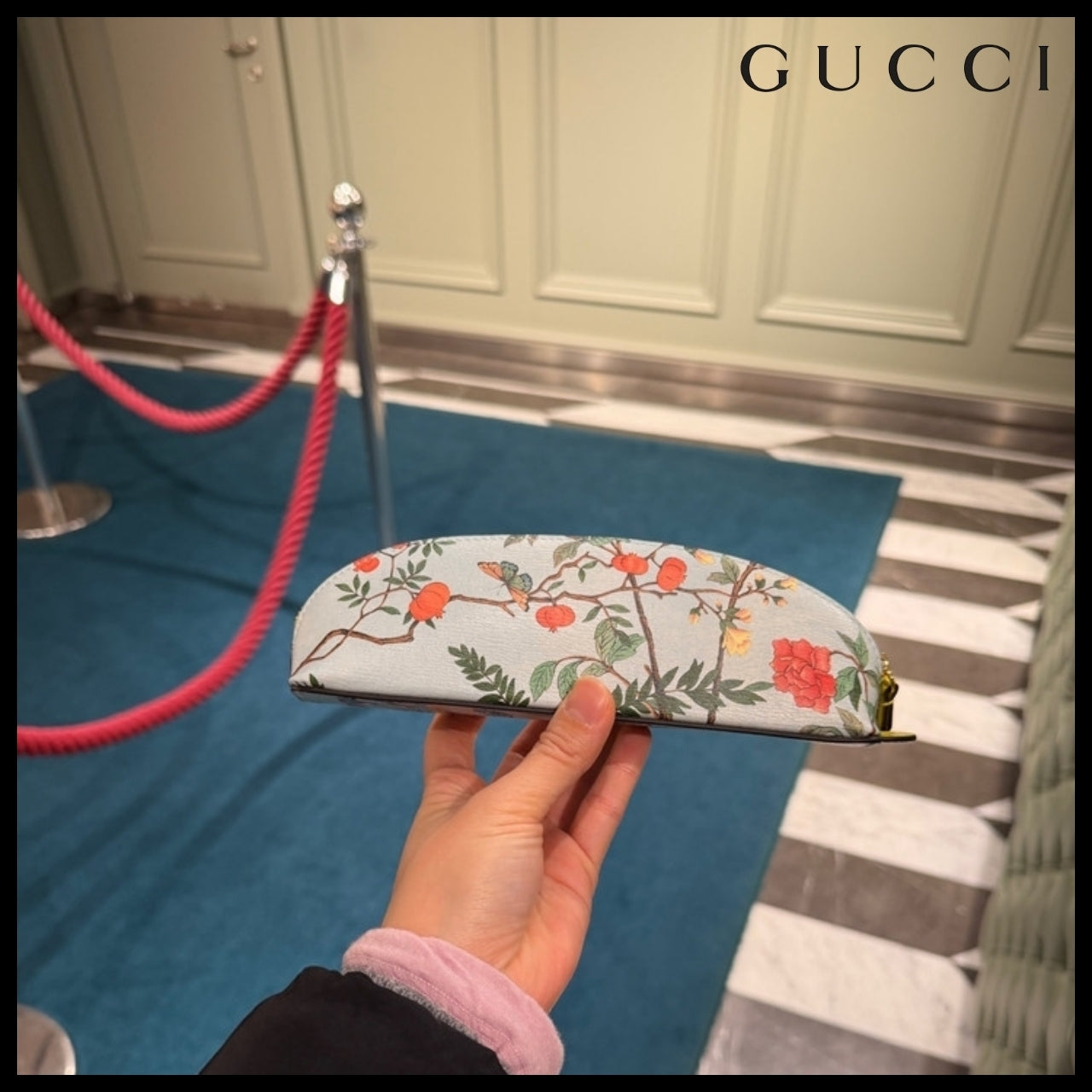 【GUCCI】Tian Flower Calf Leather Pencil Case LIGHT BLUE