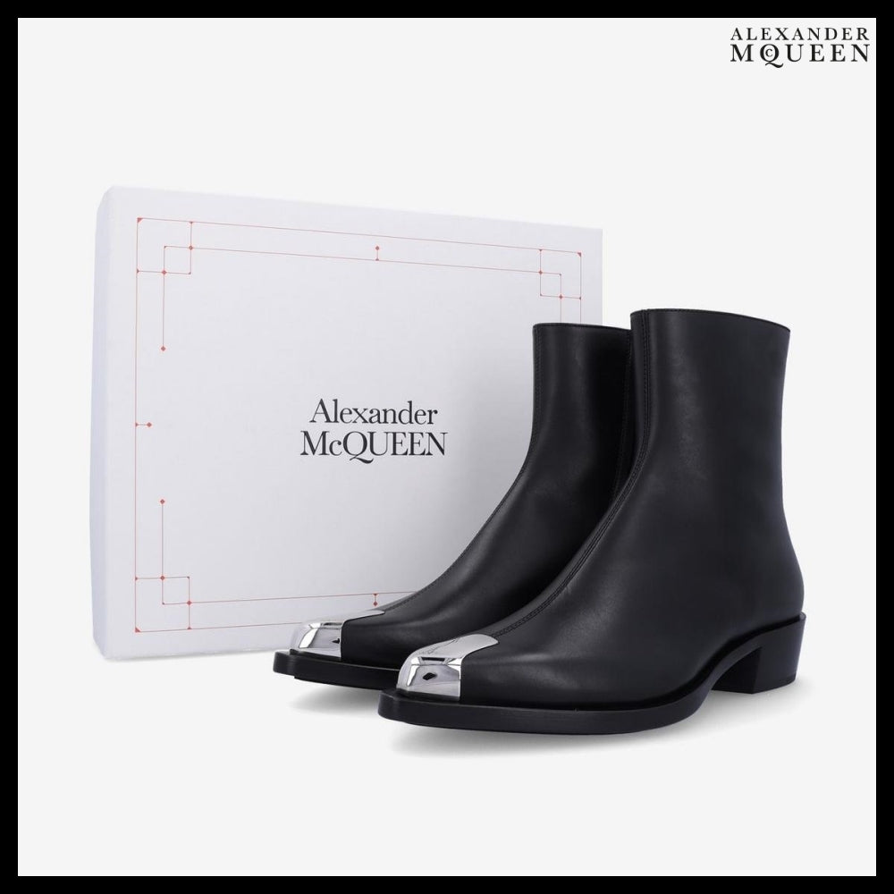 【alexander mcqueen】Punk Metal Toe Cap Ankle Boots Black