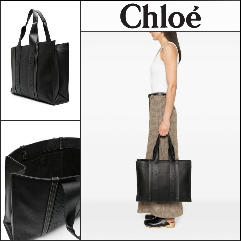 【Chloe】Woody Leather Medium Tote Bag Black