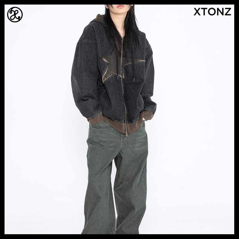 【XTONZ】VINTAGE WASHING STAR DENIM HOODED ZIP-UP 2COLORS