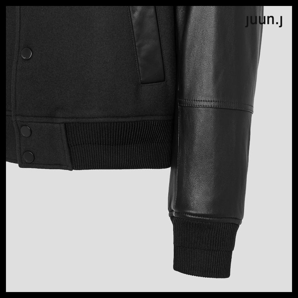 【JUUN.J】Leather Sleeve Varsity Jumper Gray