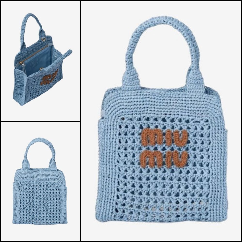 【MIU MIU】Raffia Crochet Tote Bag Celeste Cognac Women's