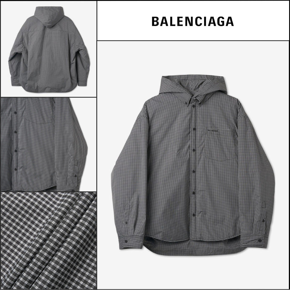 【BALENCIAGA】Men's Logo Check Hooded Shirt Multicolor