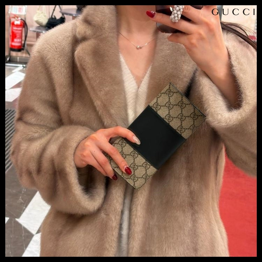 【GUCCI】Supreme Canvas Leather Flap Long Wallet BEIGE BLACK