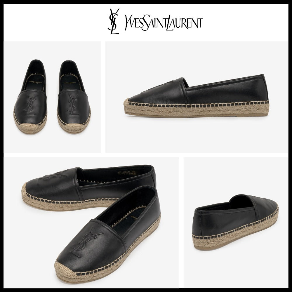 【Saint Laurent】Embossed Monogram Leather Espadrilles Black