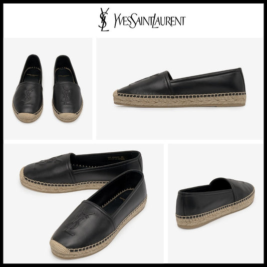 【Saint Laurent】Embossed Monogram Leather Espadrilles Black