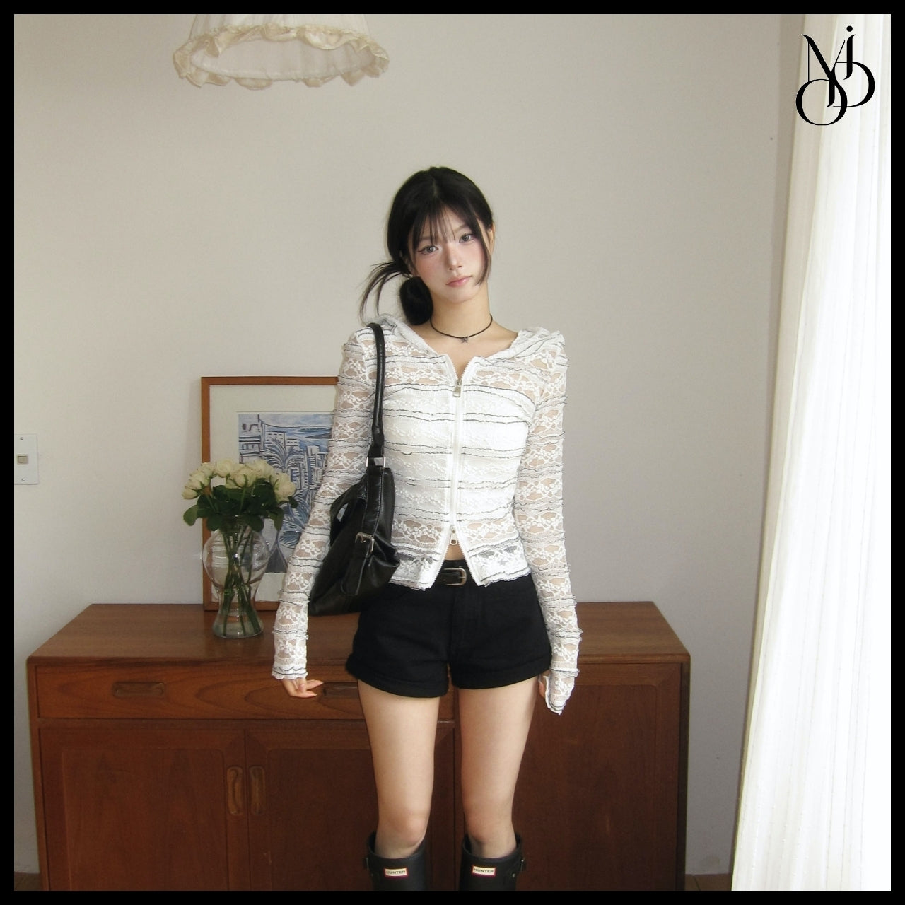 【MODIMOOD】Sheet Lace Hoodie Zip-Up Cardigan