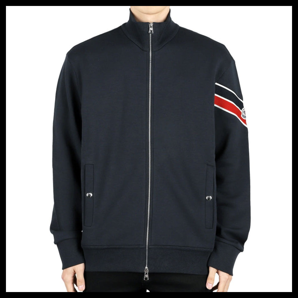 【MONCLER】Logo Patch Stripe Zip Up Jacket Navy