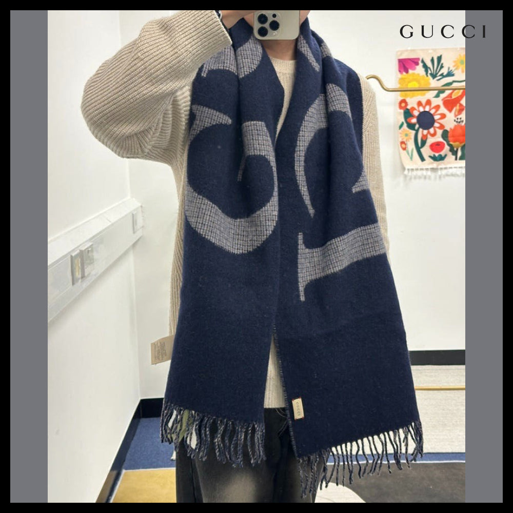 【GUCCI】Logo Jacquard Reversible Wool Blend Scarf Navy Grey