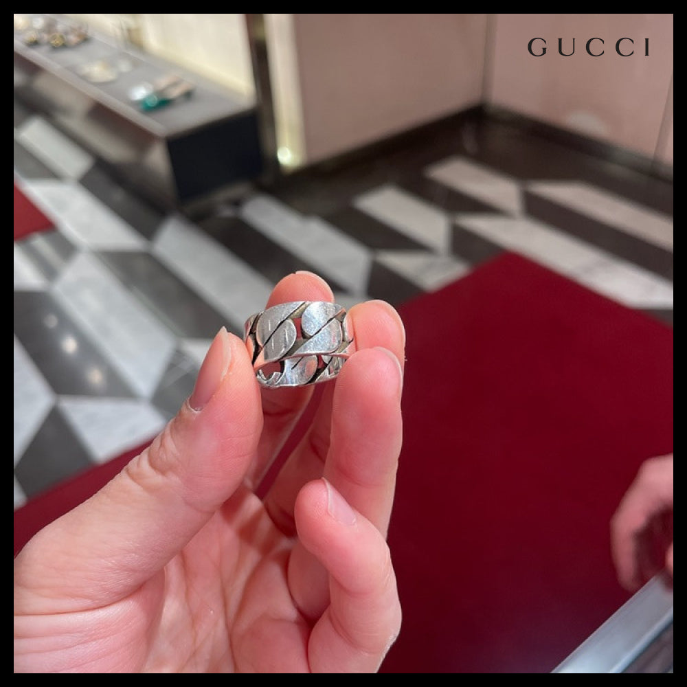【GUCCI】Interlocking G Chain Wide Ring Silver