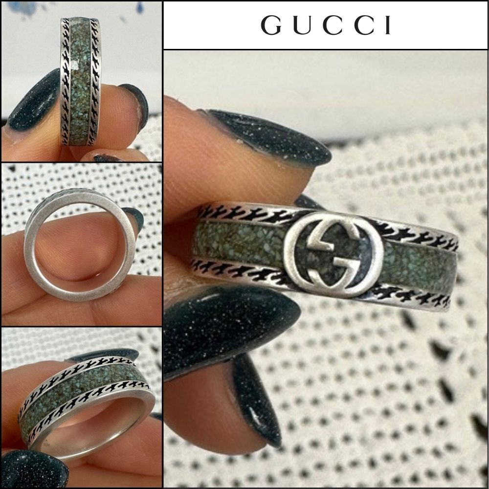 【GUCCI】Interlocking G Logo Enamel Metal Ring Howlite