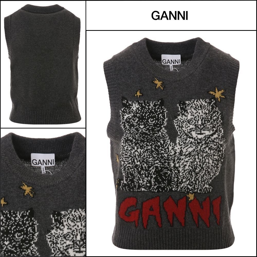 【Ganni】Graphic Wool Mix Cat Gray Vest
