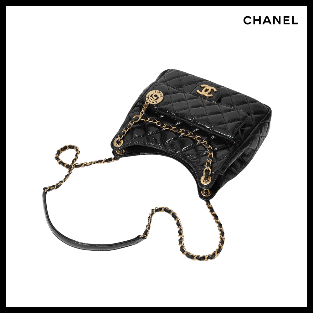 【CHANEL】Hobo Handbag Shiny Crumpled Calfskin & Gold Black