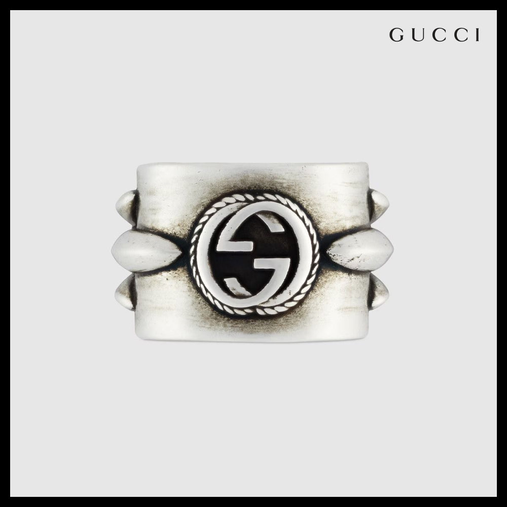 【GUCCI】Interlocking G Engraved Flower Sterling Wide Ring