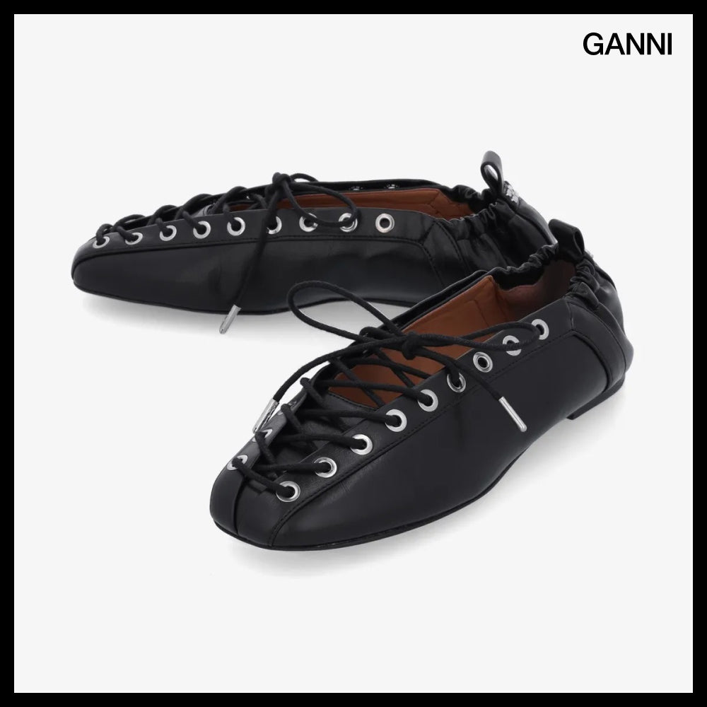 【Ganni】Eyelet Lace Up Ballerina Flat Shoes Black