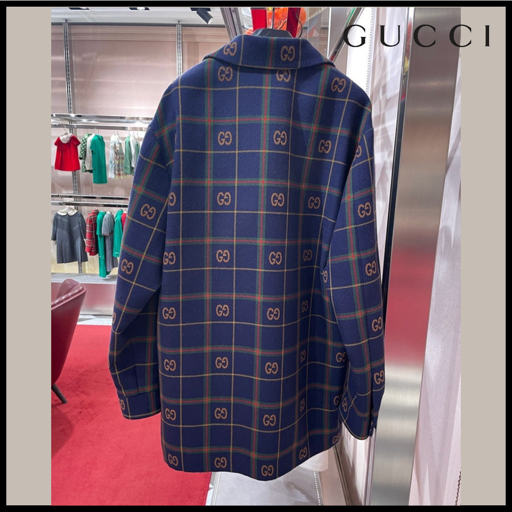 【GUCCI】GG Check Pattern Wool Single Jacket Blue