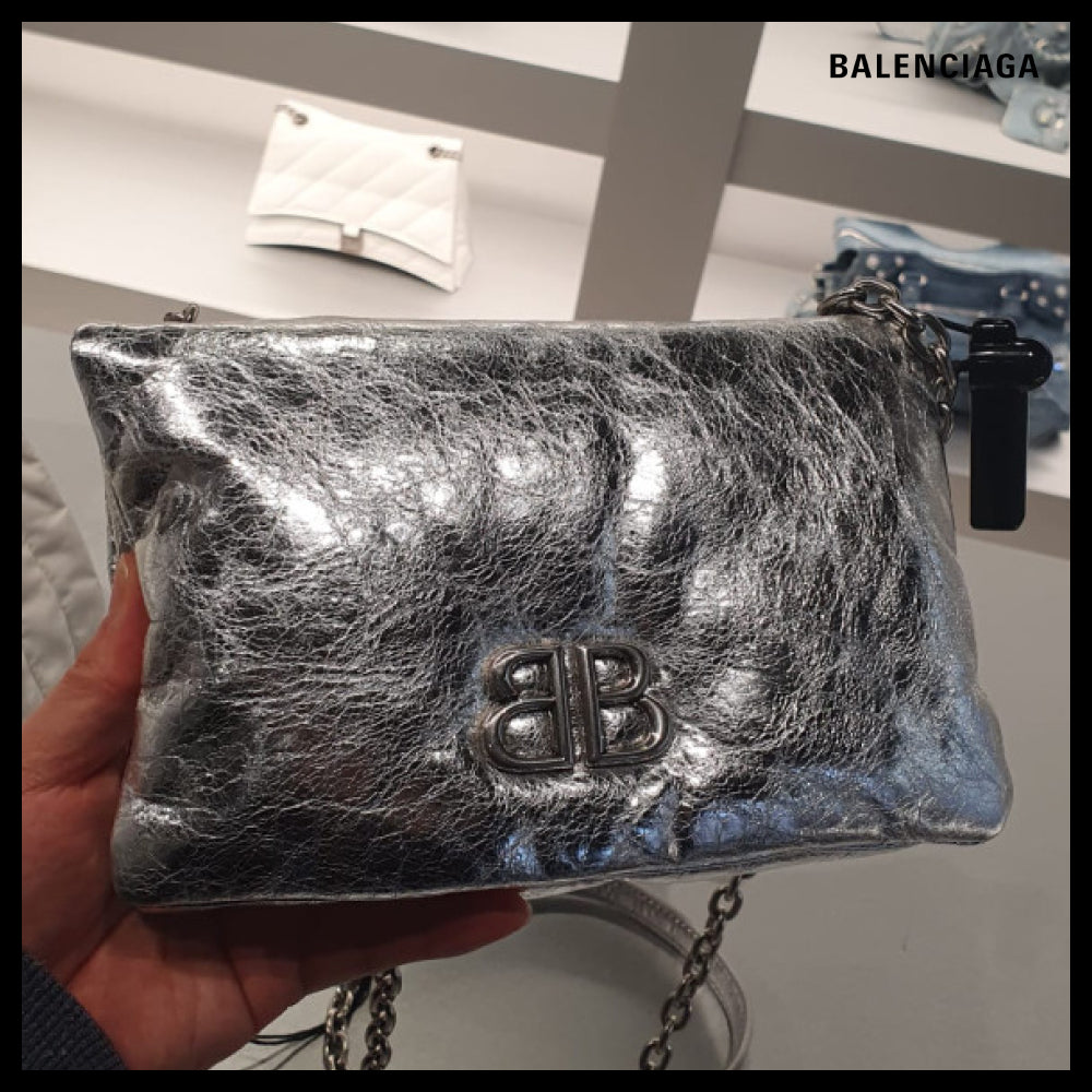 【BALENCIAGA】Monaco Nano Metallic Silver Chain CrossbodyBag
