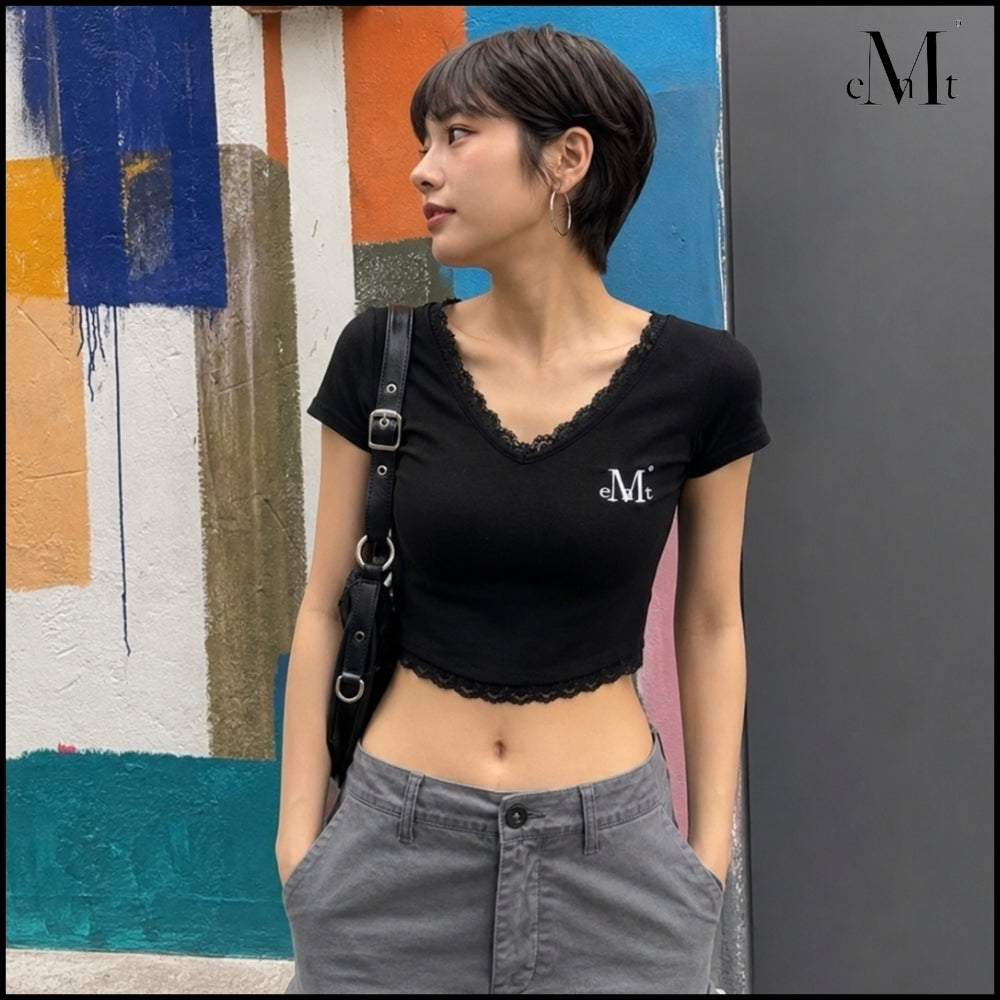【MUCENT】Sunnier Lace V-Neck Short Sleeve Tee (3 Colors)