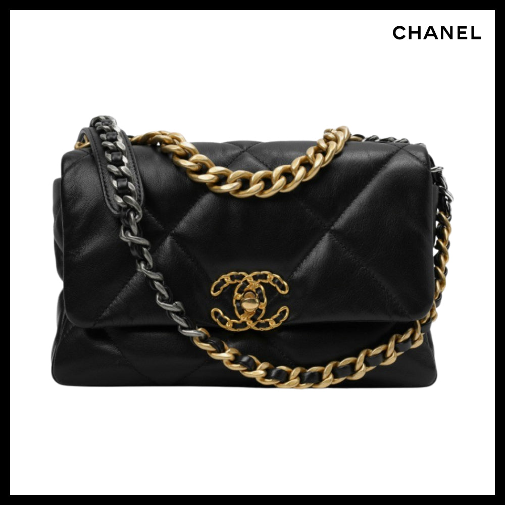 【CHANEL】Medium 19 Handbag Lambskin & Gold Black