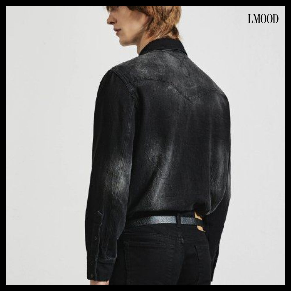 【LMOOD】Fog Denim Shirt Crack Black
