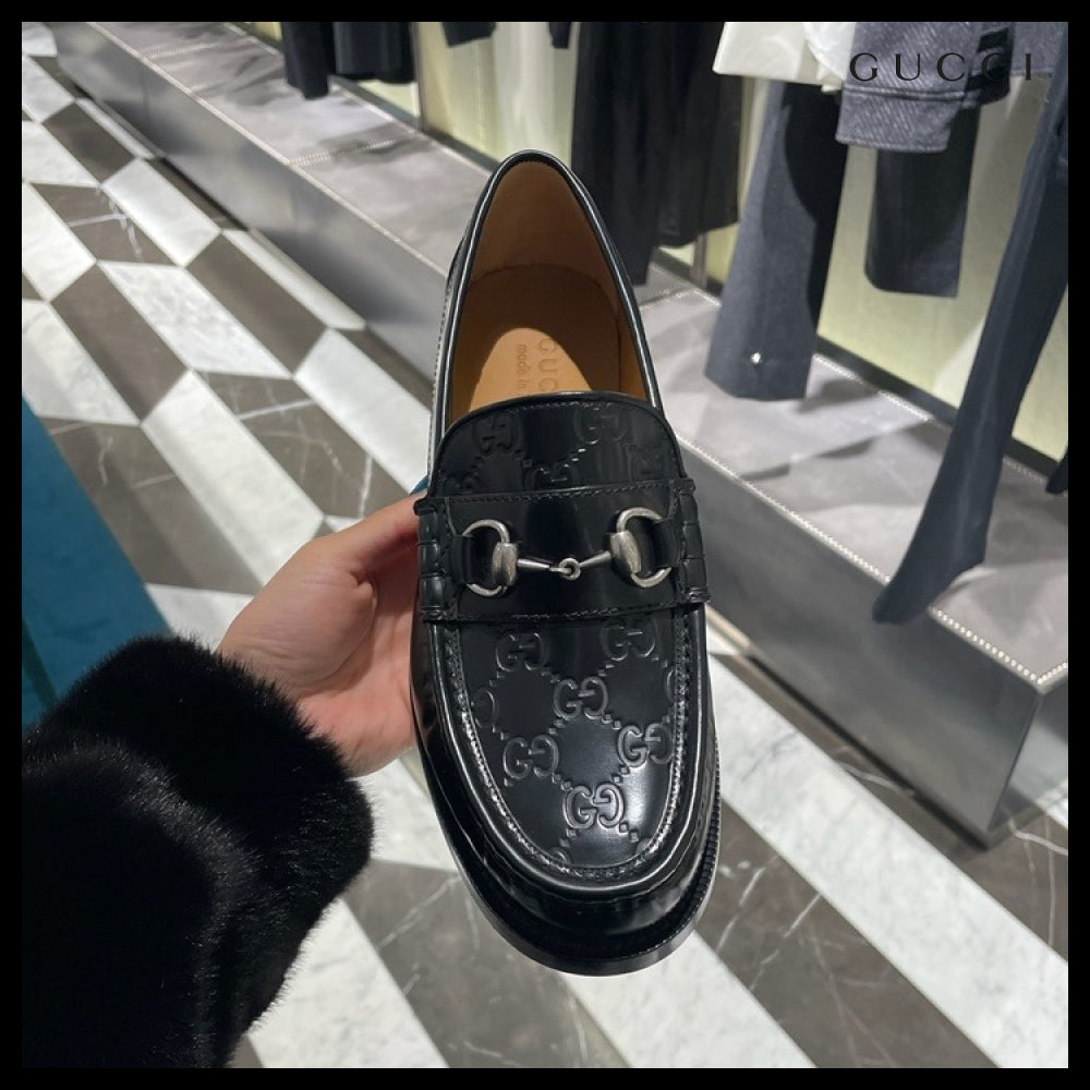【GUCCI】KAVEH GG Logo Horsebit Leather Men’s Loafers Black