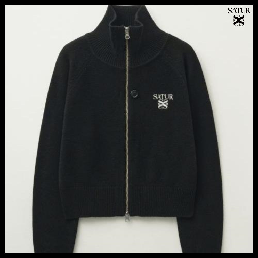 【SATUR】Women's Signature Logo Cashmere Blend Knit Zip-Up