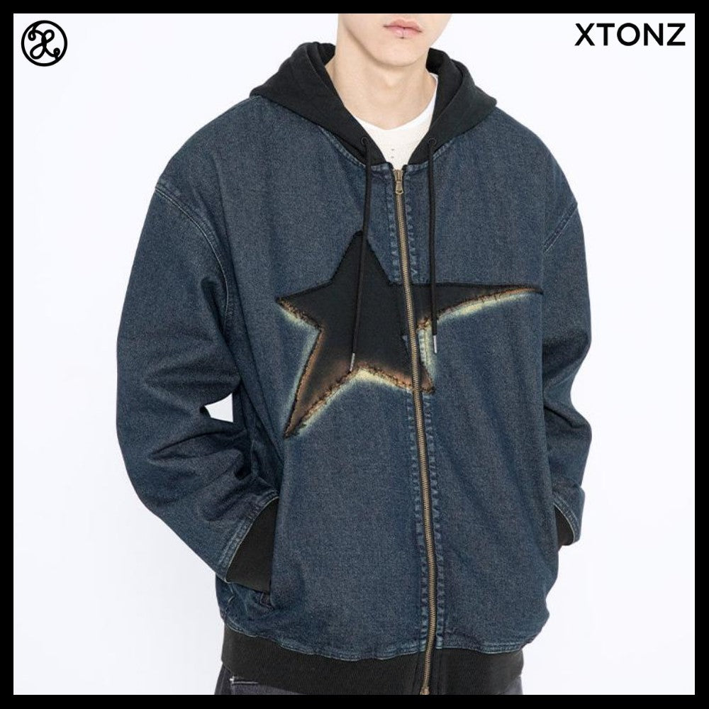 【XTONZ】VINTAGE WASHING STAR DENIM HOODED ZIP-UP 2COLORS