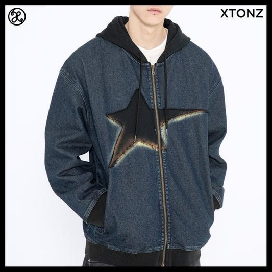 【XTONZ】VINTAGE WASHING STAR DENIM HOODED ZIP-UP 2COLORS