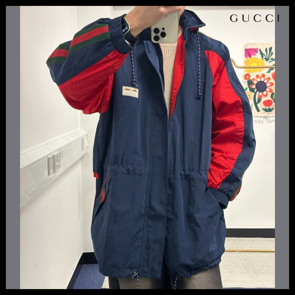 【GUCCI】Web Stripe Logo Patch Cotton DrawstringHoodedJacket