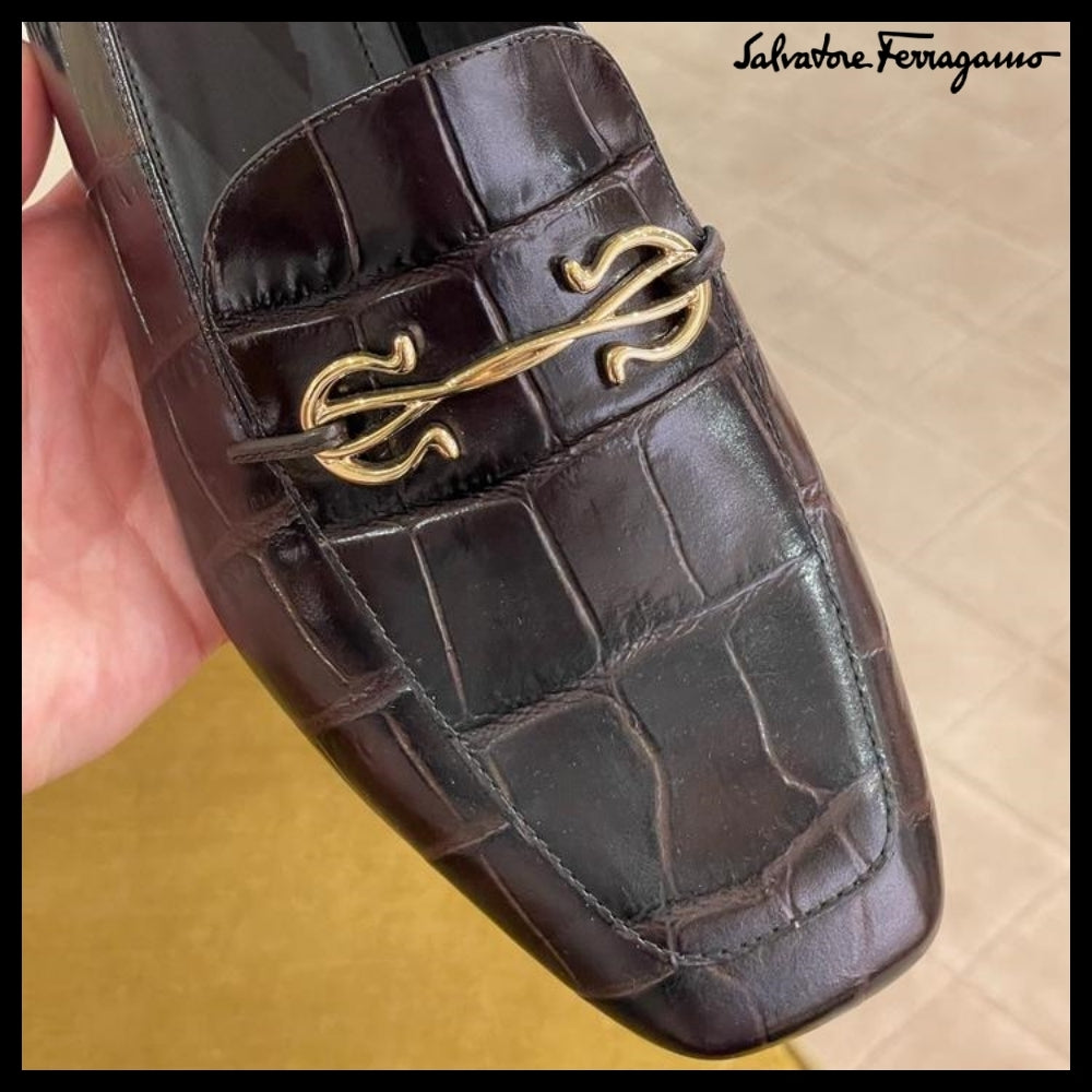【FERRAGAMO】LOUIS GANCINI CROC PATTERN LOAFERS DARK BROWN