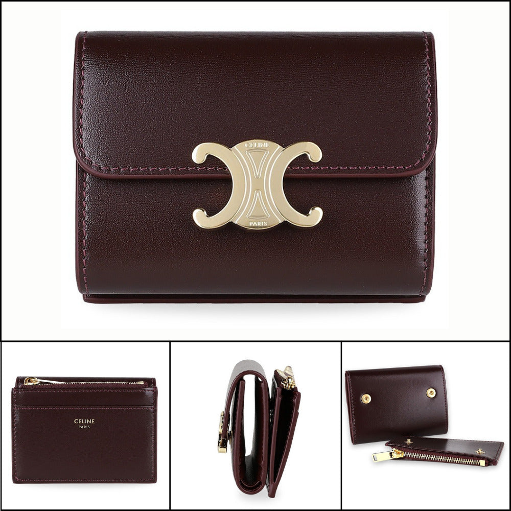 【CELINE】Triomphe Compact Coin Pocket Wallet Burgundy