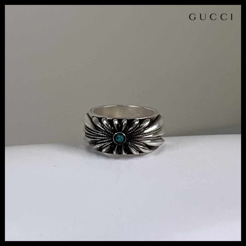 【GUCCI】Interlocking G Engraved Flower Sterling Ring Silver