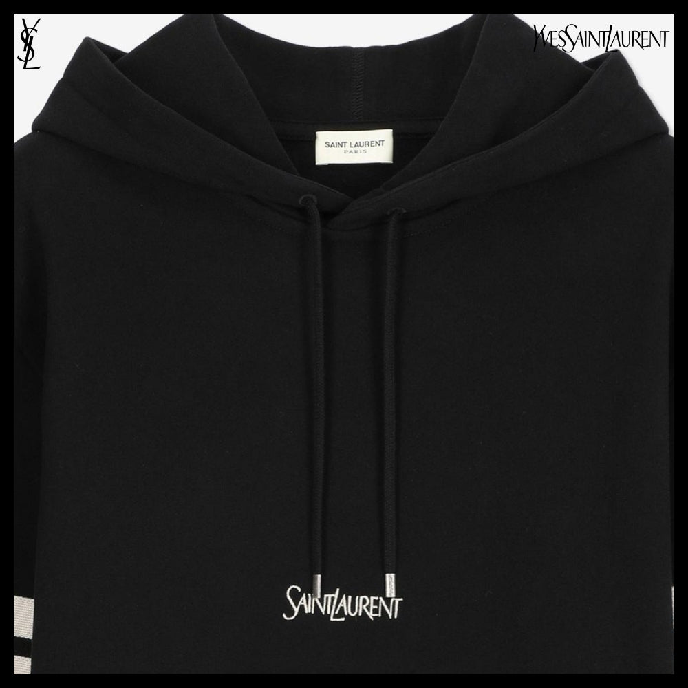 【Saint Laurent】Classic Small Logo Stripe Trim Hoodie Black