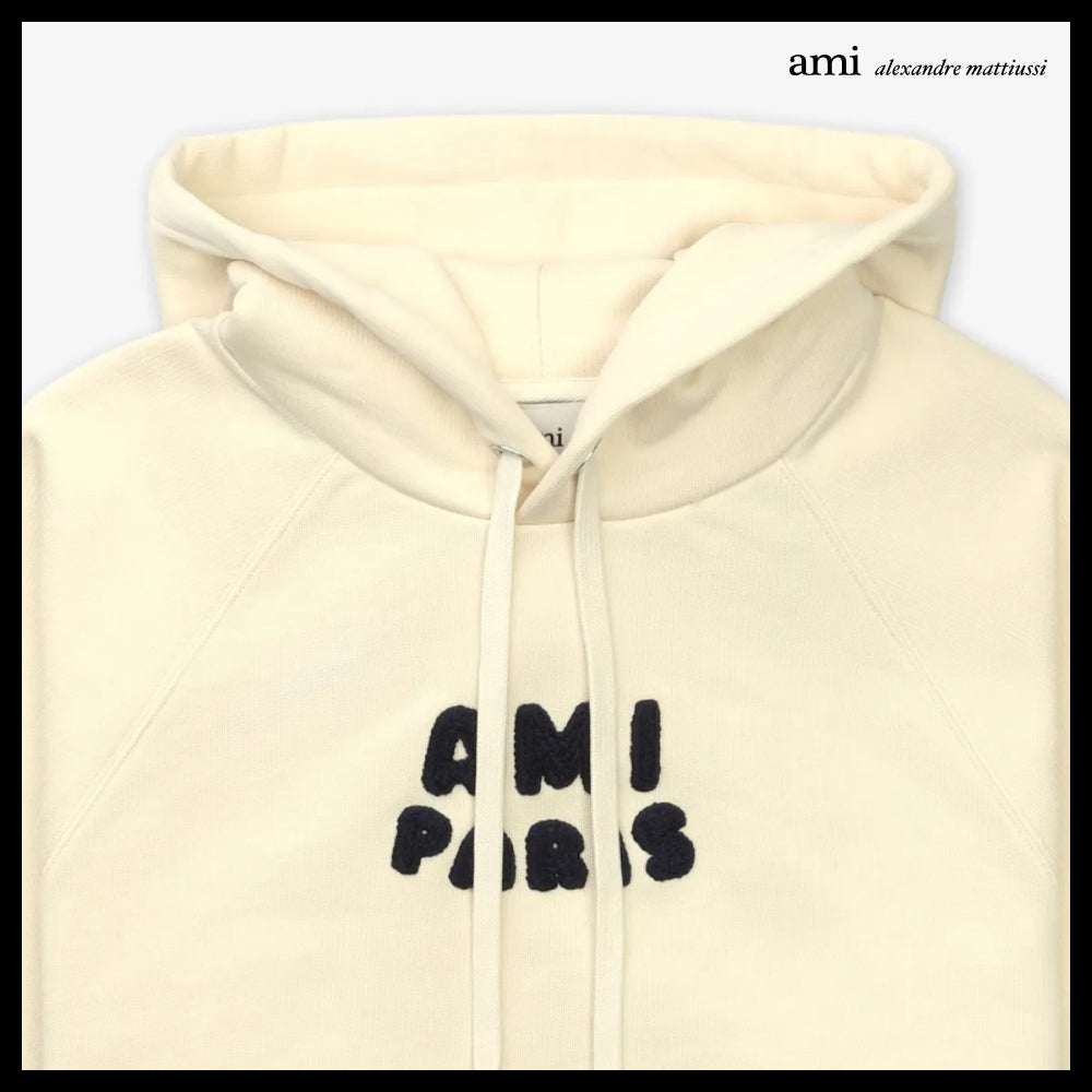 【AMI PARIS】Paris Logo Patch Hoodie White Cream