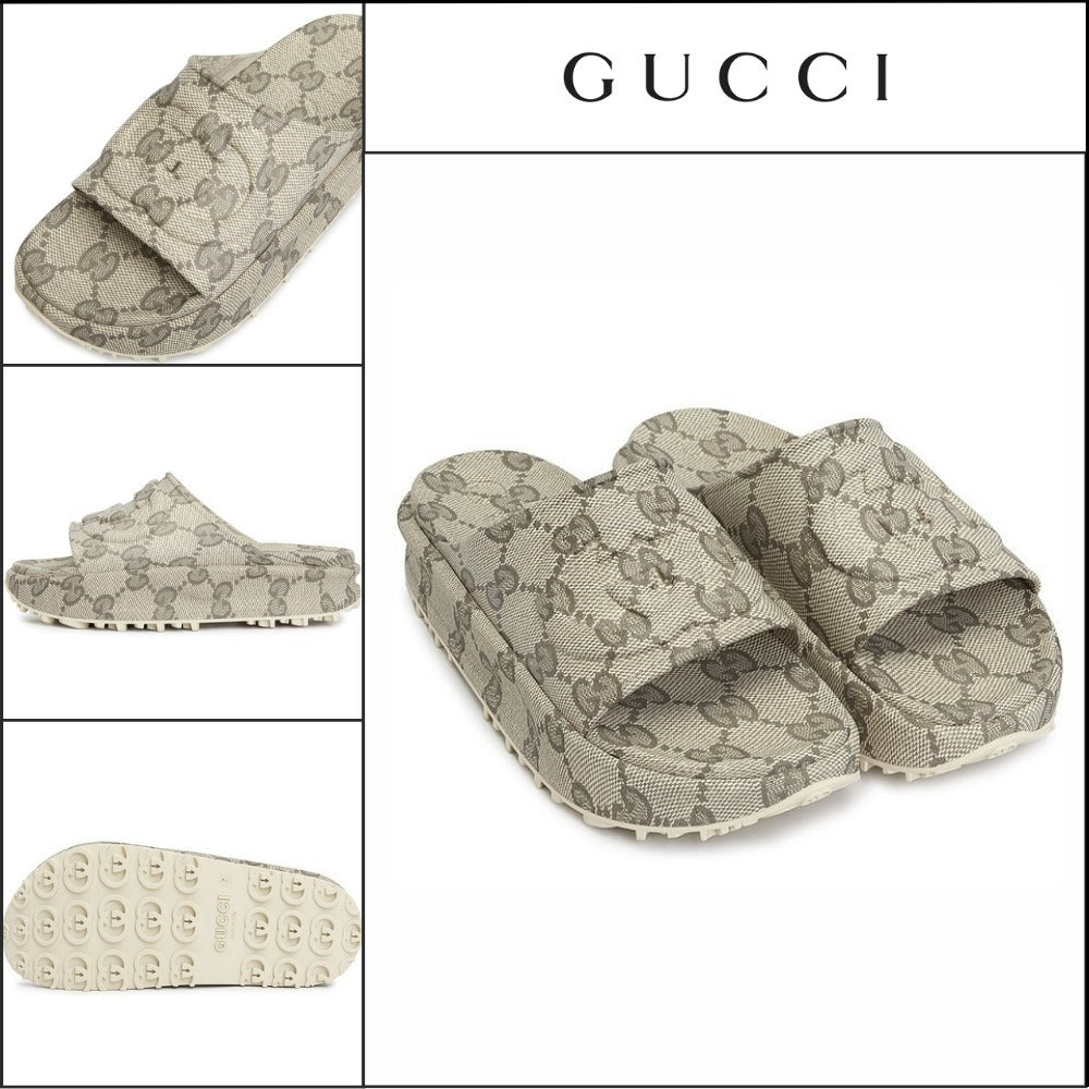 【GUCCI】Interlocking GEmbossedLogoMen'sSlippers BeigeEbony