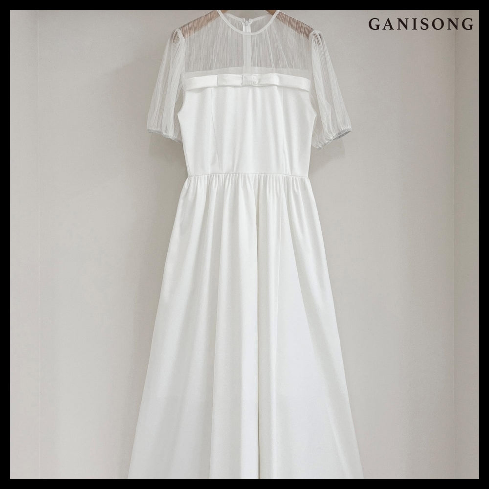 【GANISONG】Bridal Sheer Ribbon Line Dress White