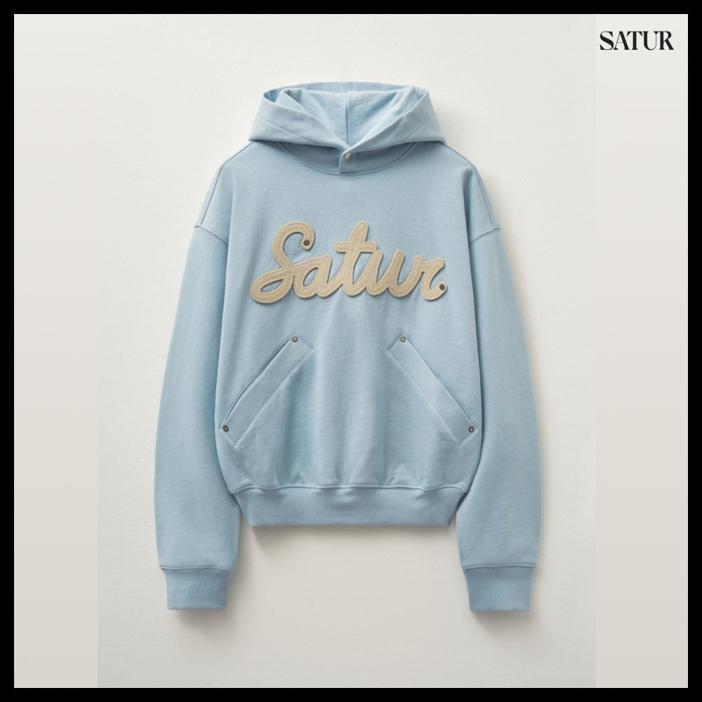 【SATUR】Applique Rivet Hoodie Sky Blue