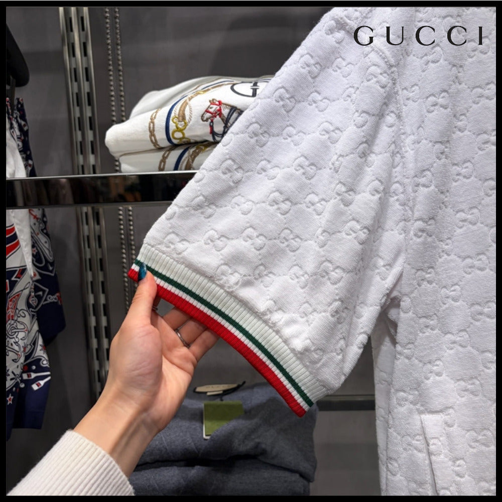 【GUCCI】GG Web Stripe Cotton Terry Short-Sleeve Zip-Up