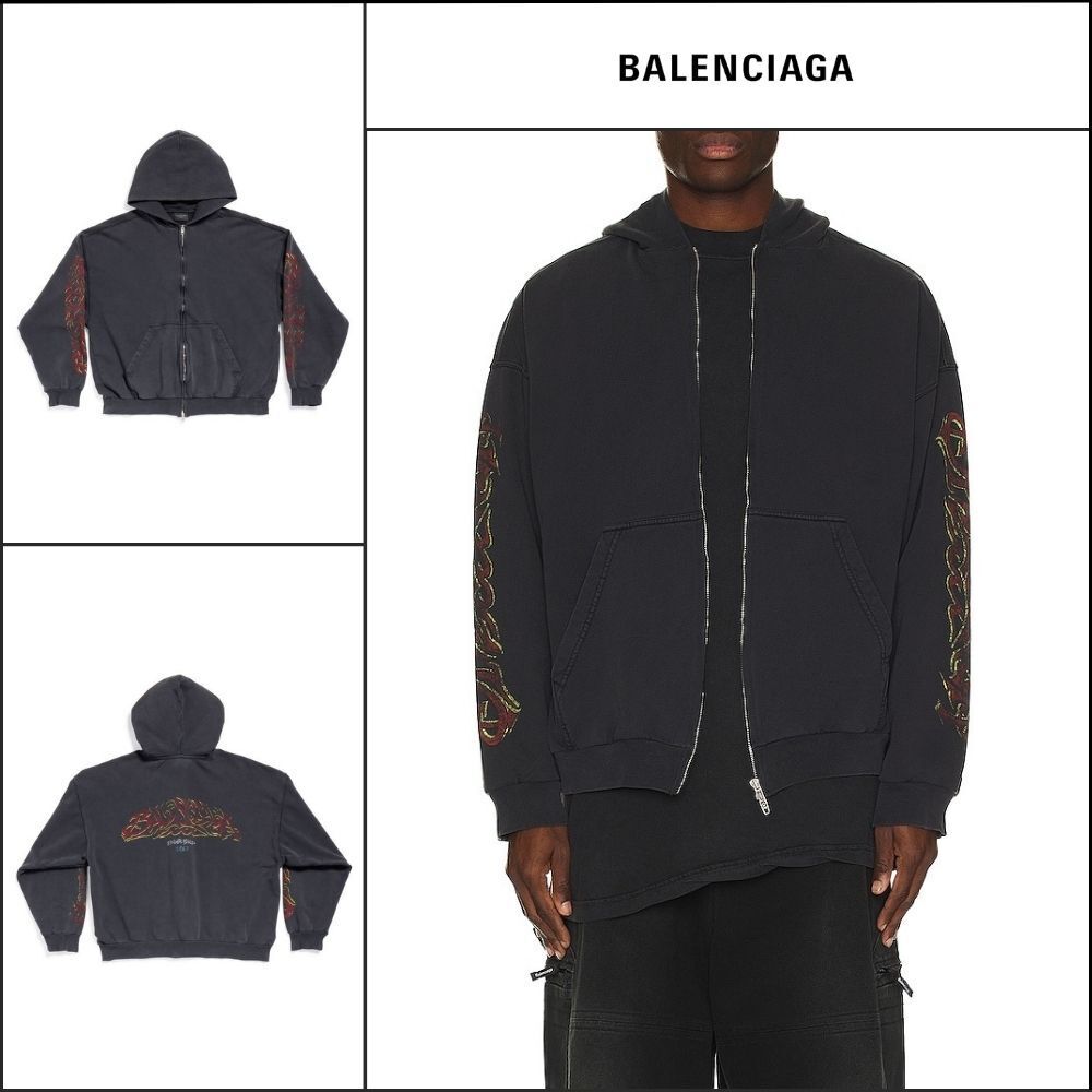 【BALENCIAGA】Offshore Zip-Up Hoodie Medium Fit Black Faded