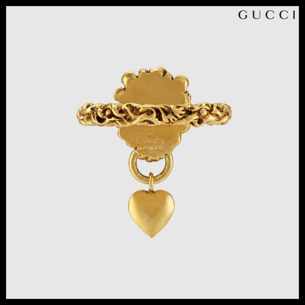 【GUCCI】Lion Head Heart Logo Pendant Ring GOLD