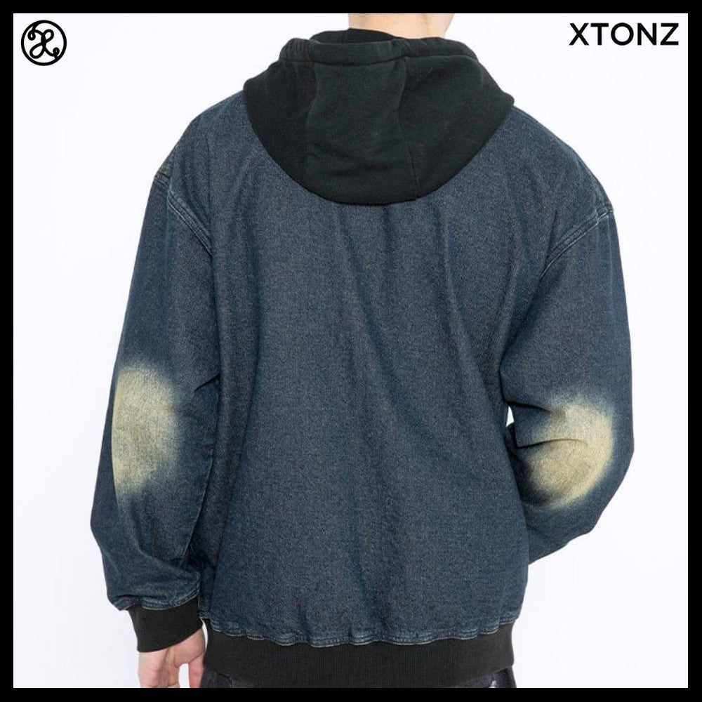 【XTONZ】VINTAGE WASHING STAR DENIM HOODED ZIP-UP 2COLORS