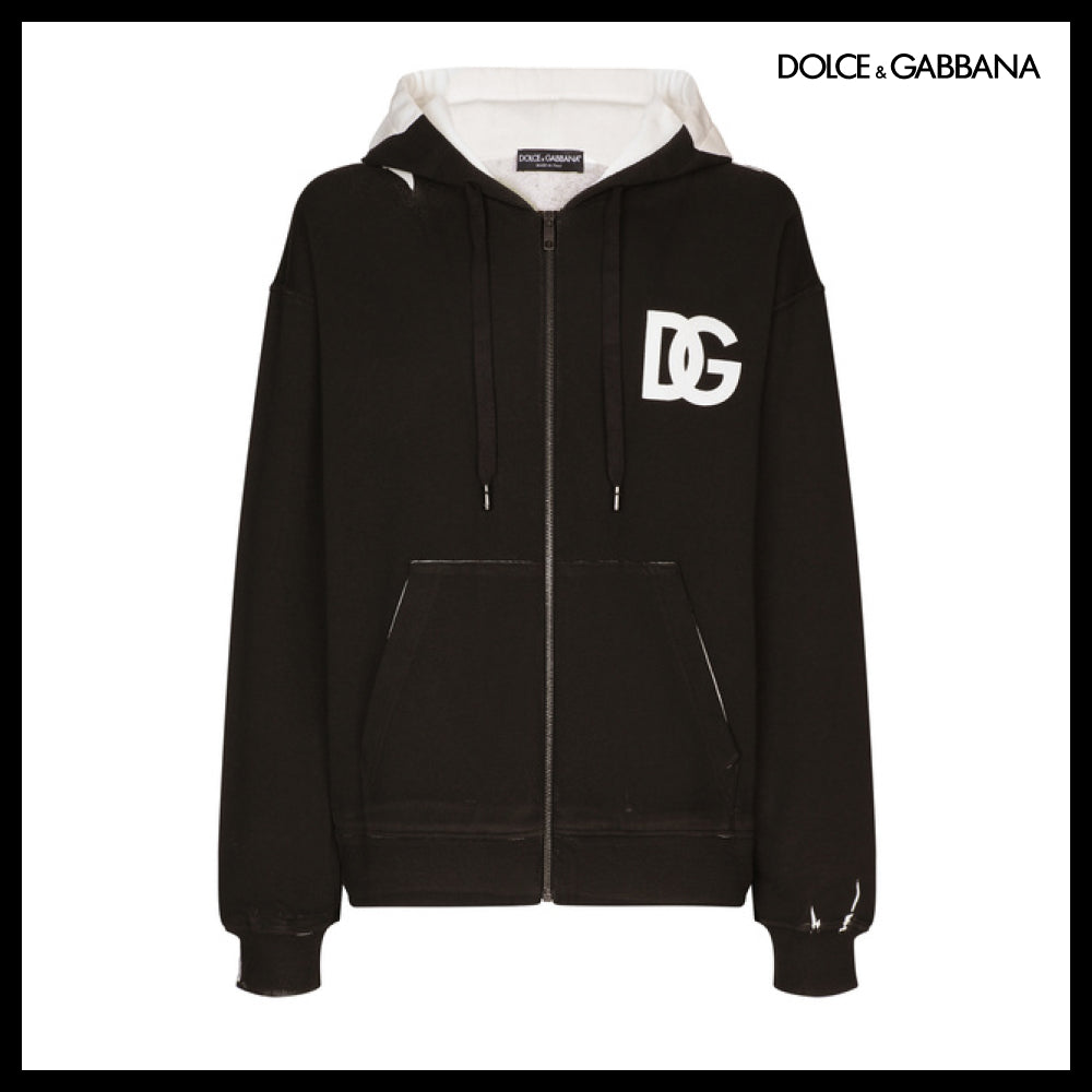 【Dolce & Gabbana】DG Logo Print Jersey Hoodie with Zipper